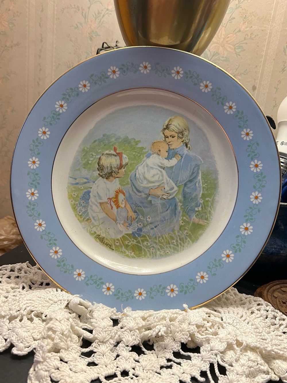 Avon Pastel Blue Floral Collector Plate with Mother and Children Illustration